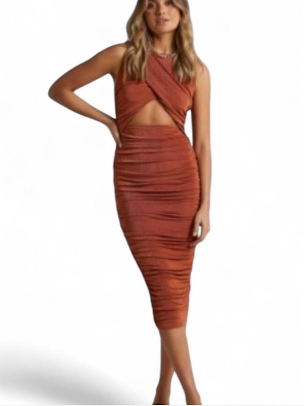 Showpo Selita Dress Cutout Ruched Midi Dress in Burnt Orange size 6/M